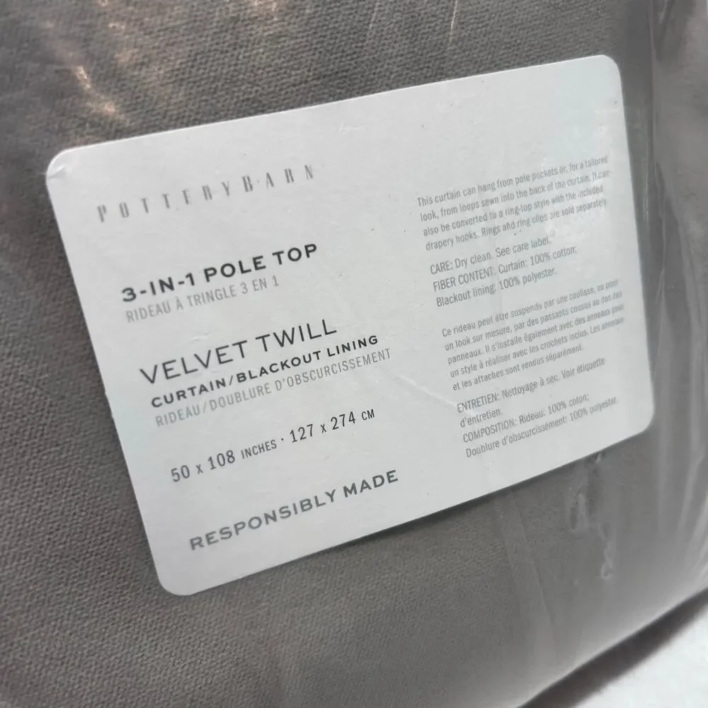 Pottery Barn Velvet Twill Curtain Window Panel Blackout Lining Flagstone Gray